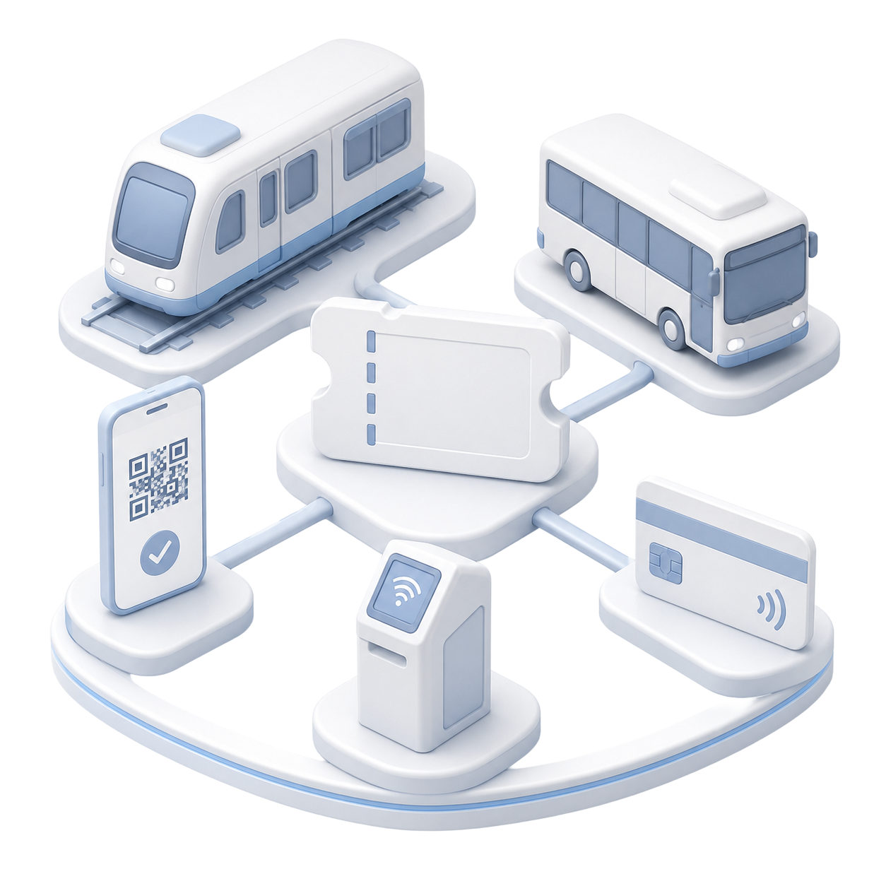 Isometric illustration of transit ticketing devices: kiosk, fare gates, validators and a bus